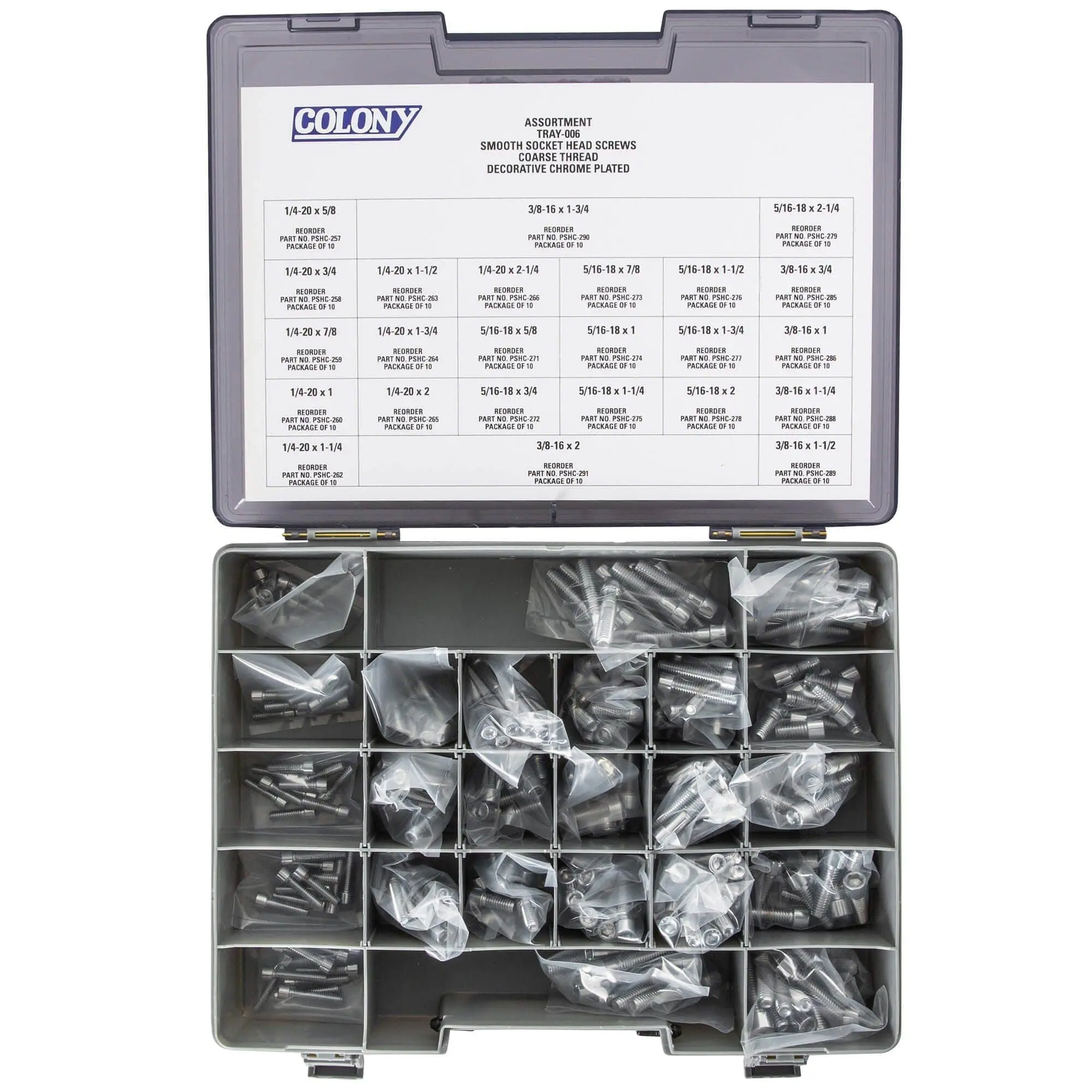 Colony Chrome Plated Smooth Head Socket Head Screw Assortment Tray-006 - Coarse Thread - 240 Piece