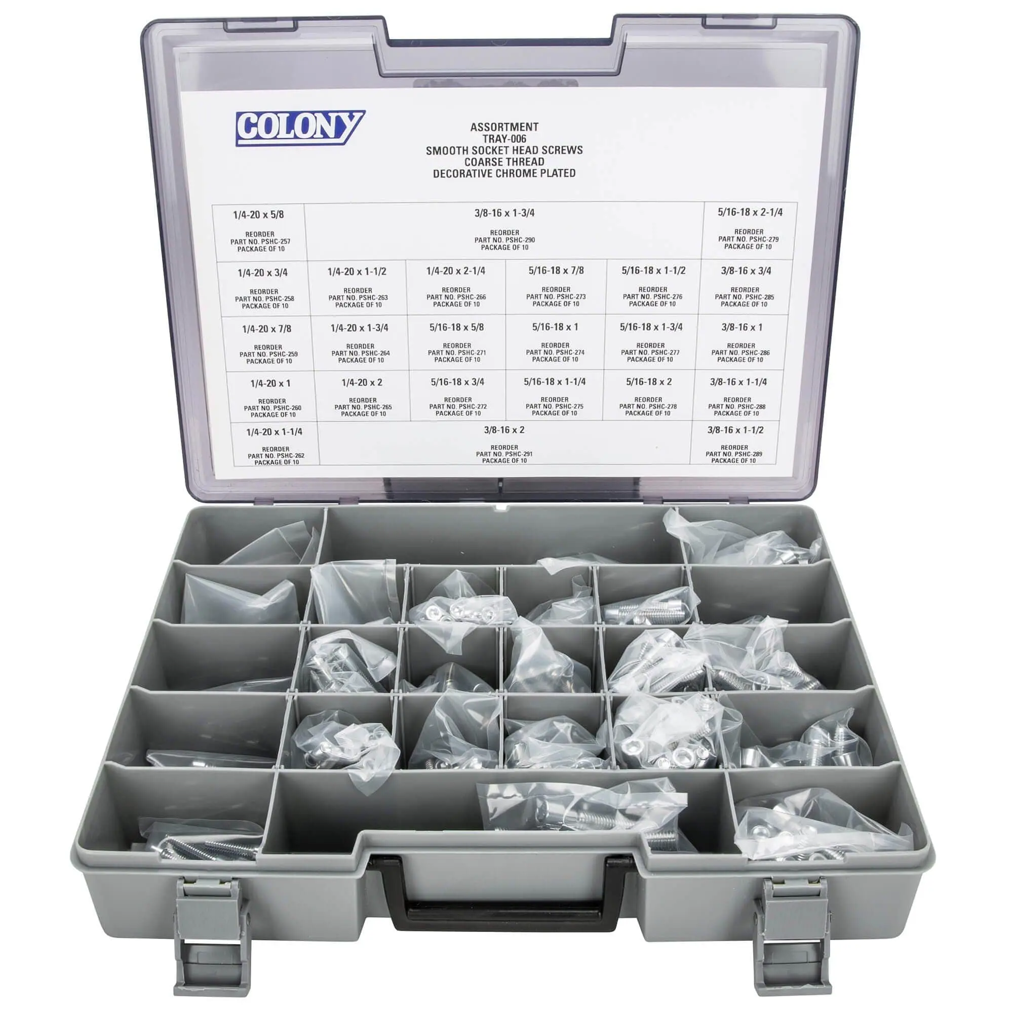 Colony Chrome Plated Smooth Head Socket Head Screw Assortment Tray-006 - Coarse Thread - 240 Piece - Image 2