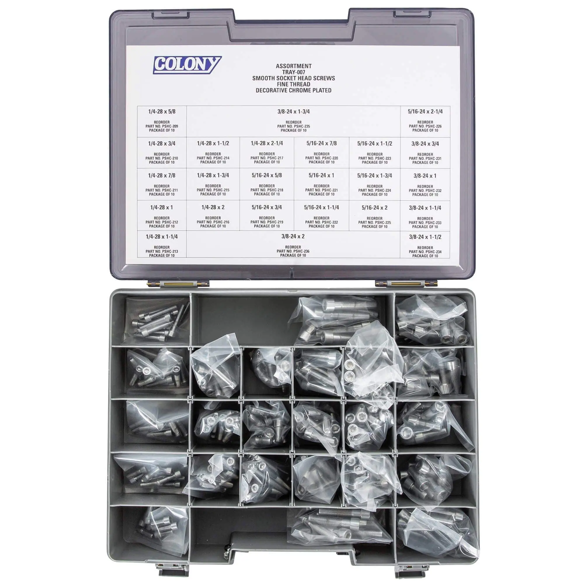 Colony Chrome Plated Smooth Head Socket Head Screw Assortment Tray-007 - Fine Thread - 240 Piece