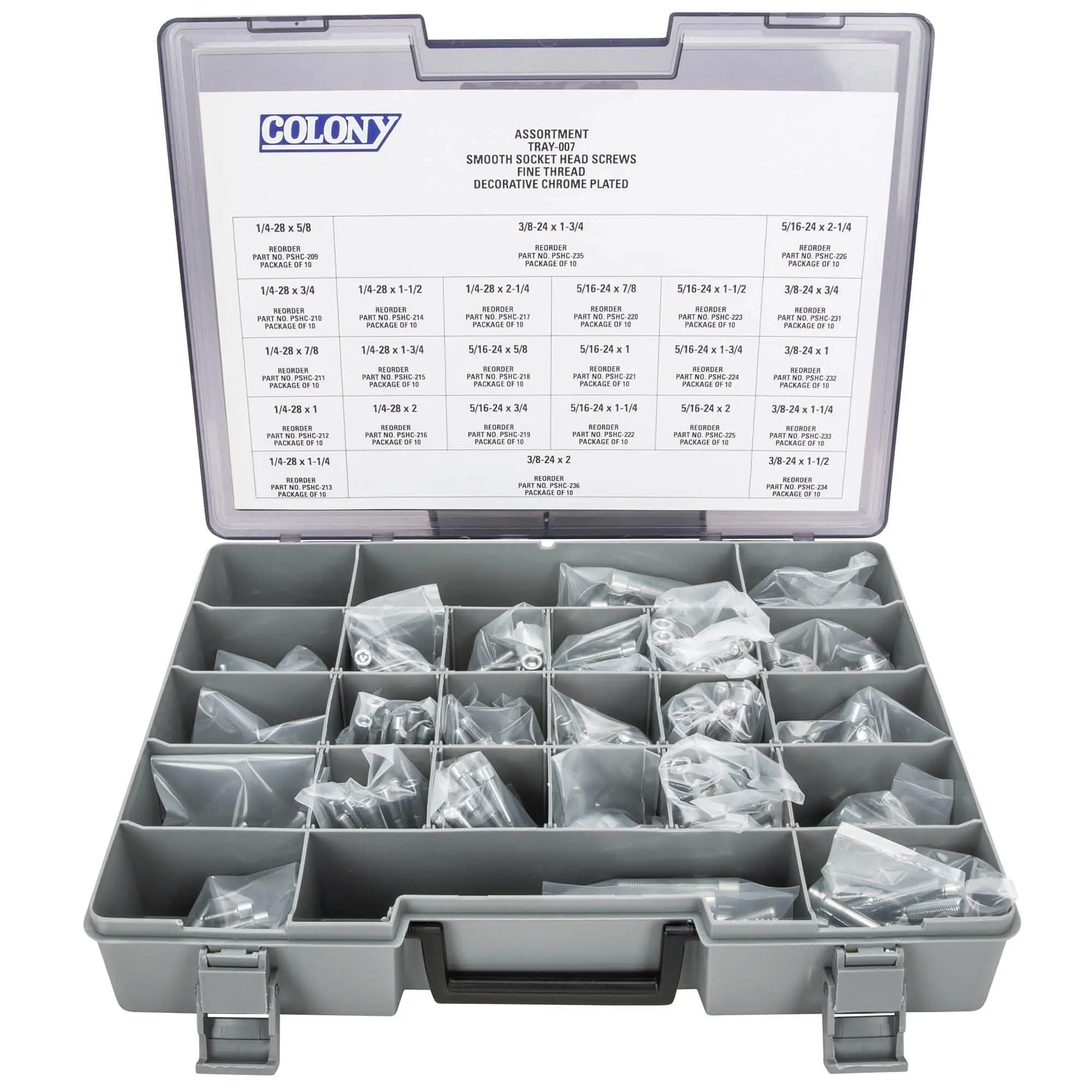 Colony Chrome Plated Smooth Head Socket Head Screw Assortment Tray-007 - Fine Thread - 240 Piece - Image 2