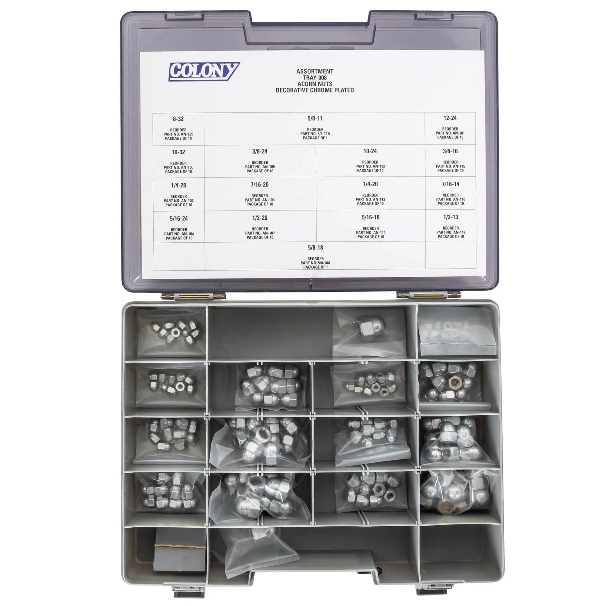 Colony Chrome Plated Acorn Nut Assortment Tray - 152 Piece