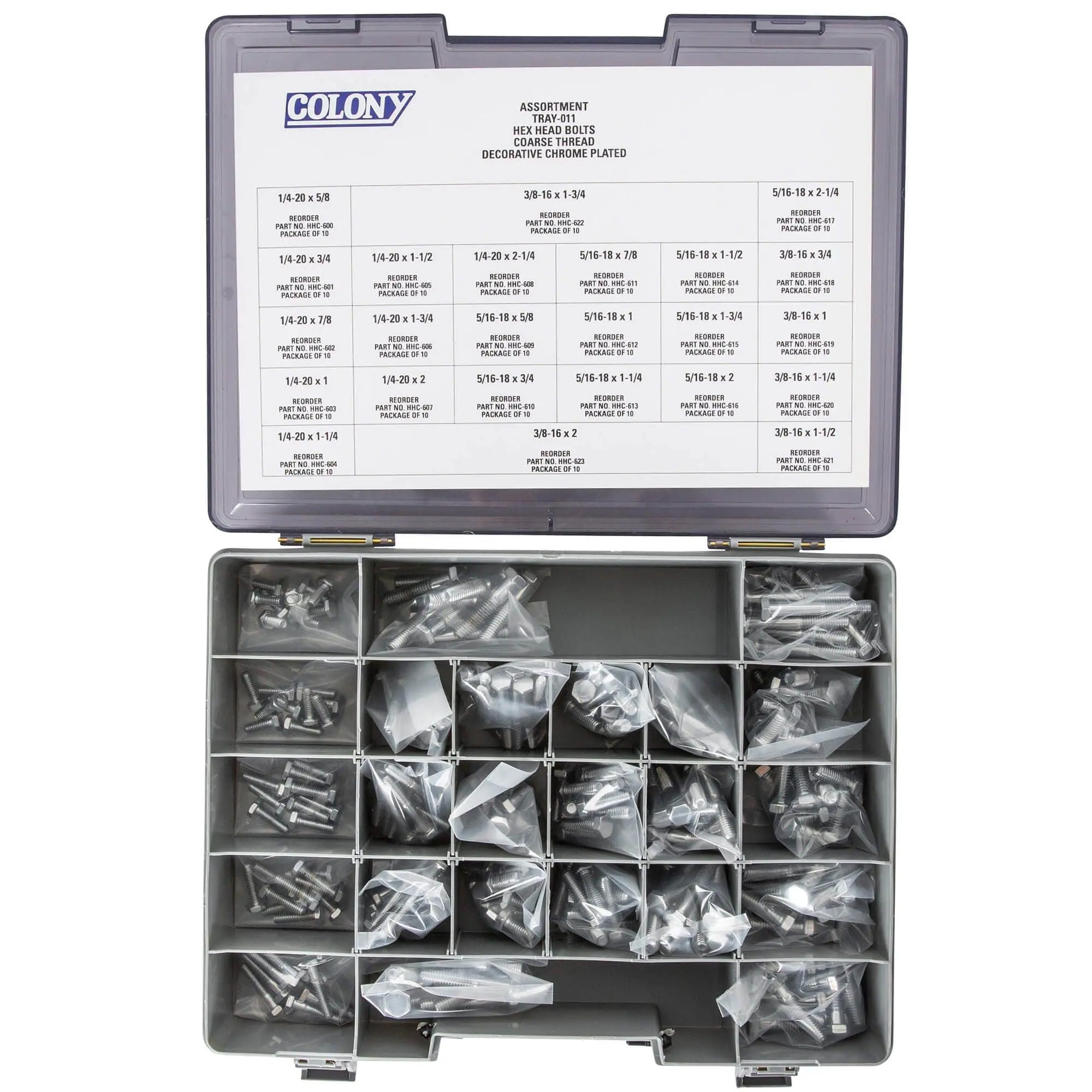 Colony Chrome Plated Hex Head Bolts Assortment Tray (011) - Coarse Thread - 240 Piece
