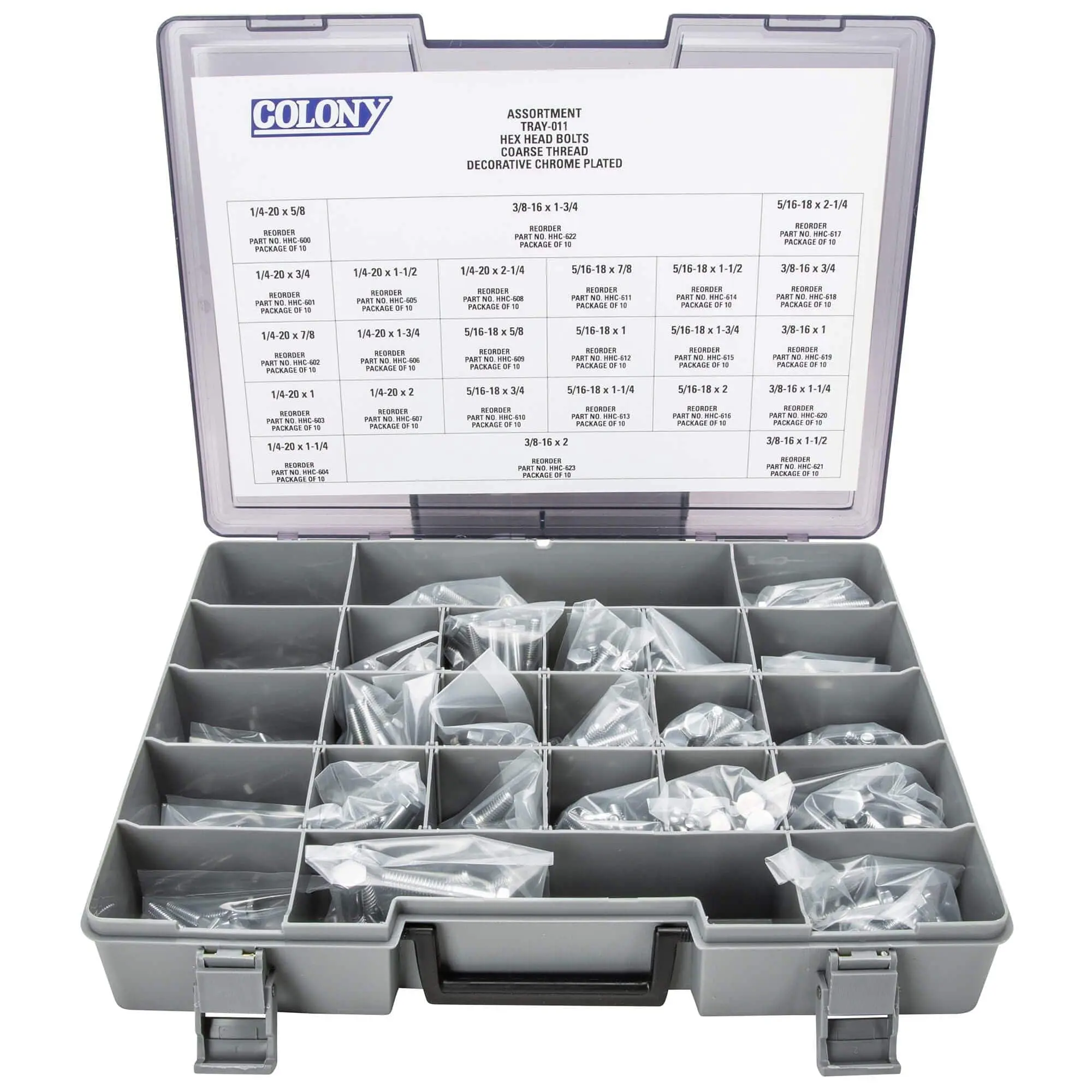 Colony Chrome Plated Hex Head Bolts Assortment Tray (011) - Coarse Thread - 240 Piece - Image 2