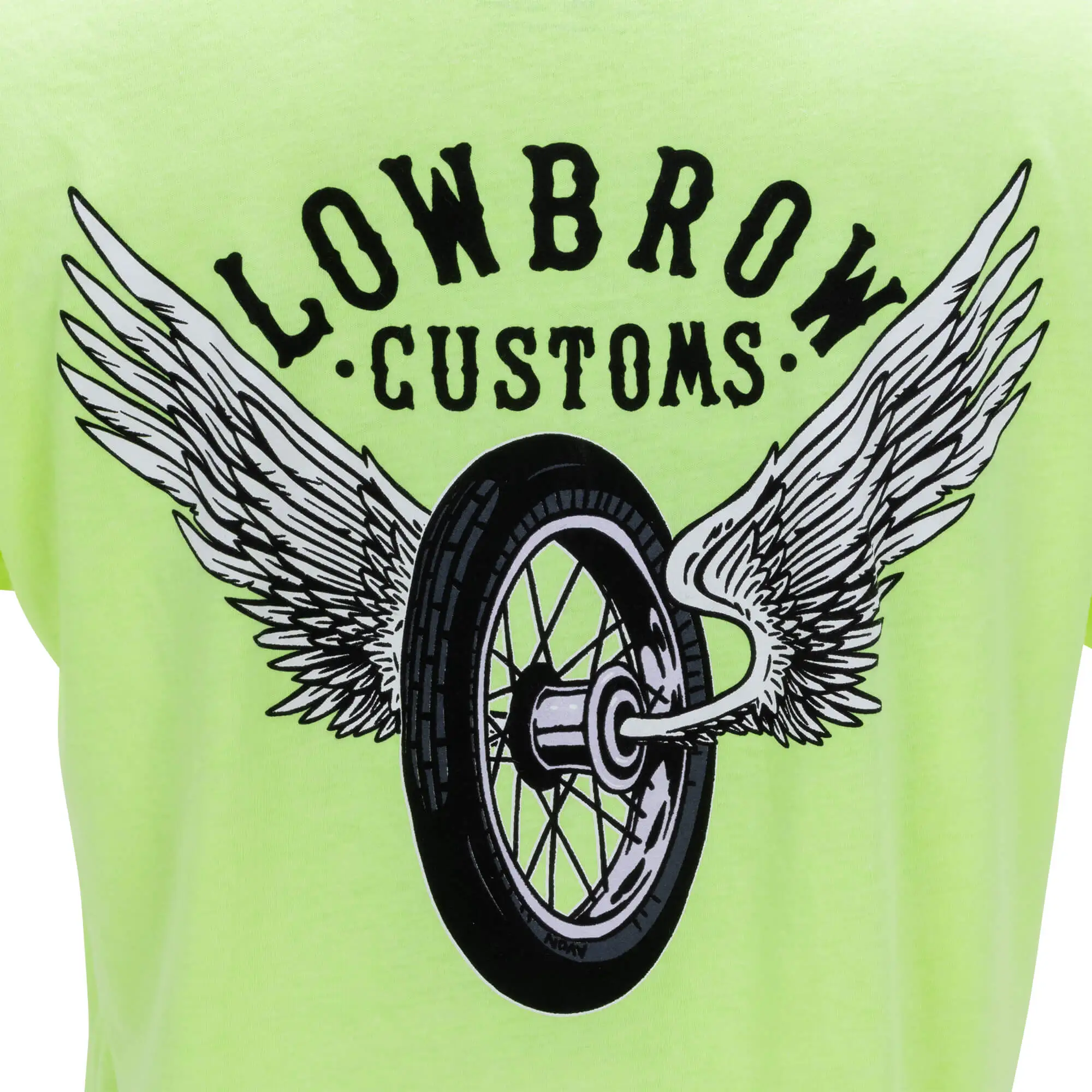 Lowbrow Customs Winged Wheel Neon Yellow High-Viz T-Shirt - Image 2