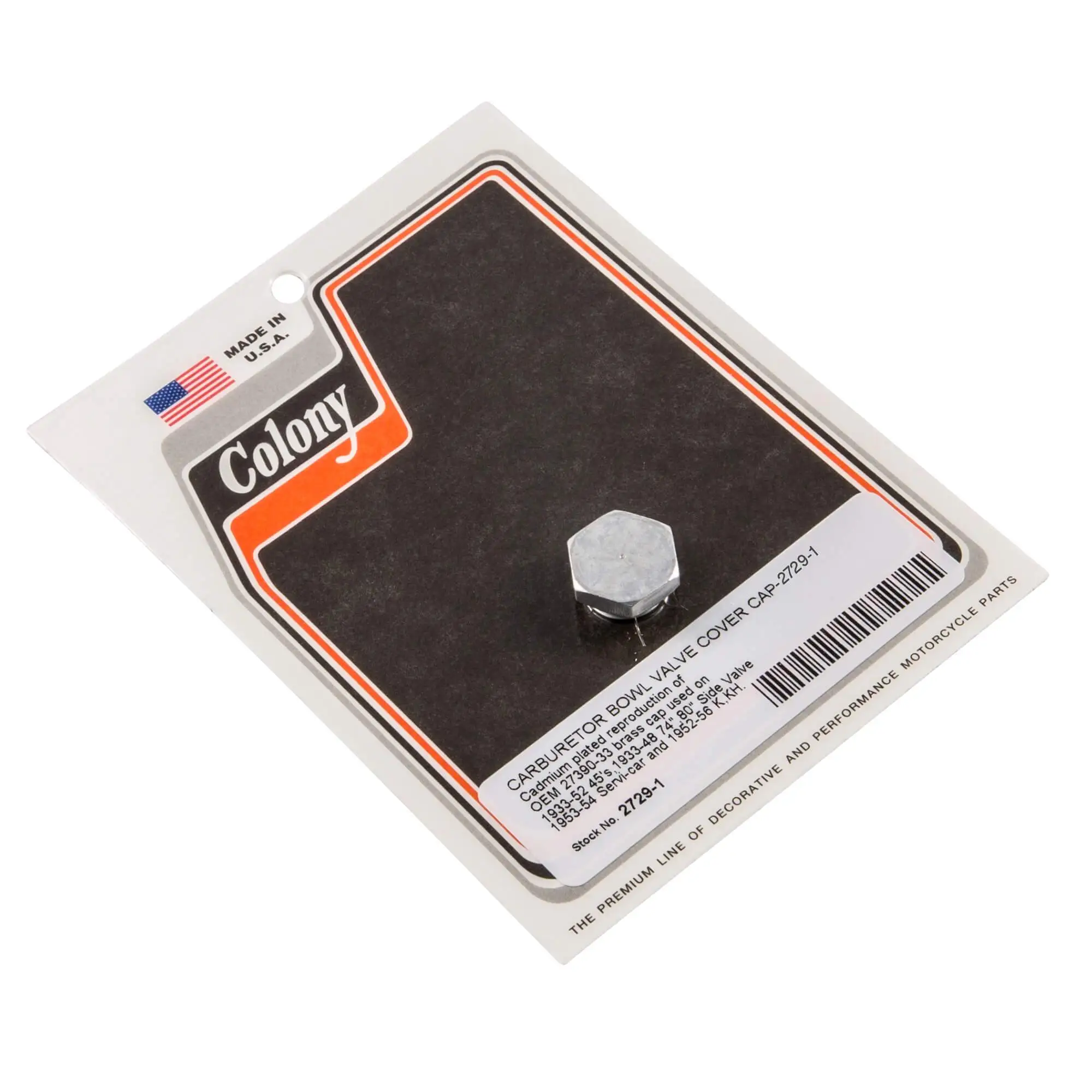 Colony #2729-1 Carburetor Bowl Valve Cover Cap CAD Harley-Davidson 45s Sidevalve Servicar K KH