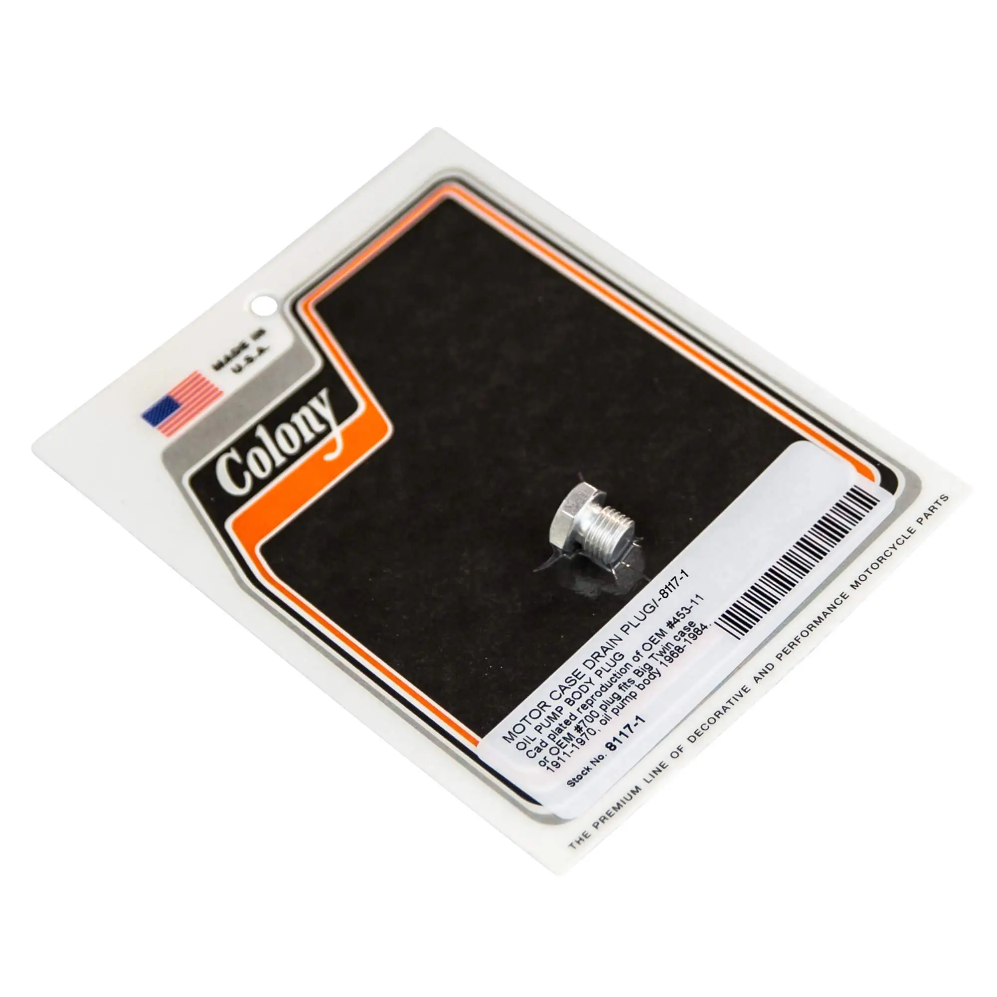 Colony #8117-1 Motor Case Drain Plug / Oil Pump Body Plug CAD Plated OEM 453-11 Or 700 Fits Big Twin Case 1911-70 / Oil Pump Body 1968-84